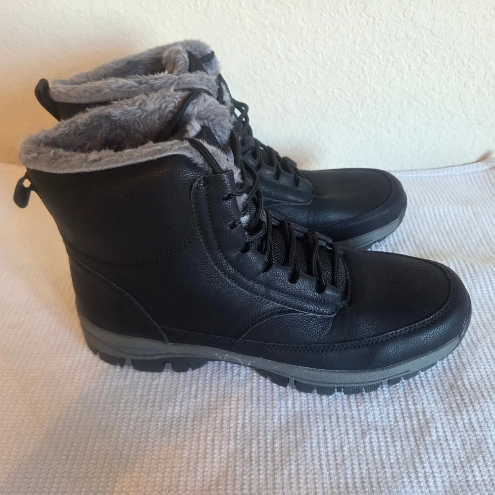 Outdoor Mens Black Winter Boots Faux Fur Lined Lace Up Hiking Snow Shoes Size 44